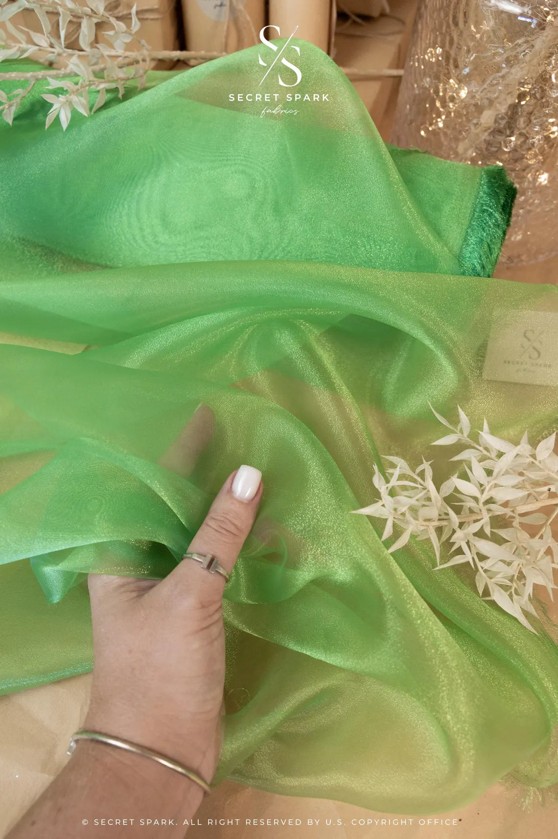 Glimmer Crystal Organza - Apple Green Color Sheer Crystal Fabric by the Yard, Premium Material for Dance Costumes, Event Decor, Hair Bows 59" wide