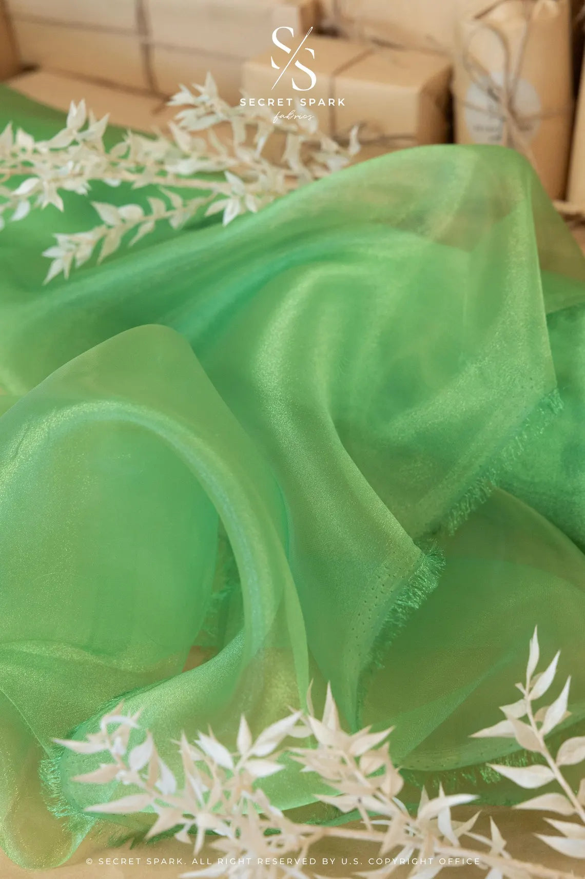 Glimmer Crystal Organza - Apple Green Color Sheer Crystal Fabric by the Yard, Premium Material for Dance Costumes, Event Decor, Hair Bows 59" wide