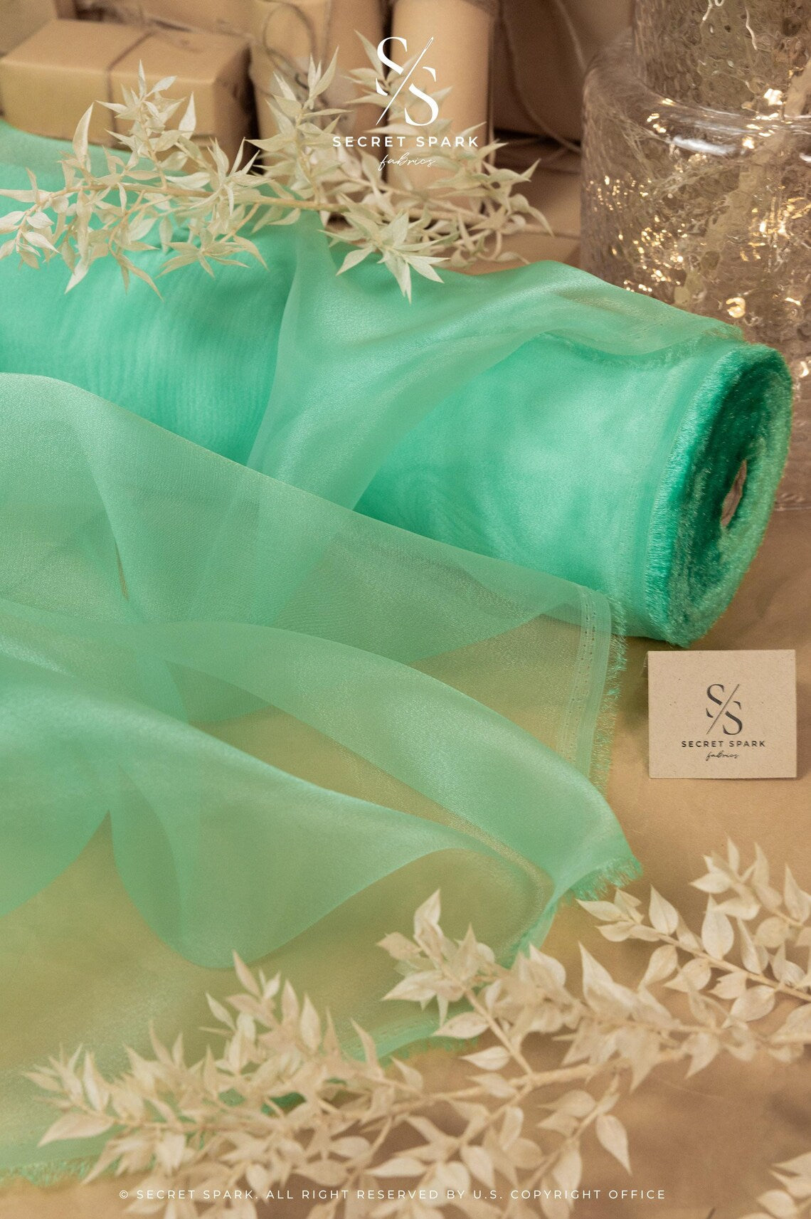 Glimmer Crystal Organza - Aquamarine Color Sparkle Crystal Sheer High Quality Material by the Yard, for Evening Gowns, Wedding Decor, Chair Sashes