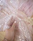 Mysteria - Ash Rose Crystal Clear Beads & Sequin on Soft Mesh, Pastel Pink Scattered Beads Embellished Fabric for Wedding Dress, Exclusive