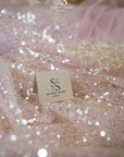 Mysteria - Ash Rose Crystal Clear Beads & Sequin on Soft Mesh, Pastel Pink Scattered Beads Embellished Fabric for Wedding Dress, Exclusive