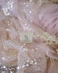 Mysteria - Ash Rose Crystal Clear Beads & Sequin on Soft Mesh, Pastel Pink Scattered Beads Embellished Fabric for Wedding Dress, Exclusive