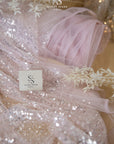 Mysteria - Ash Rose Crystal Clear Beads & Sequin on Soft Mesh, Pastel Pink Scattered Beads Embellished Fabric for Wedding Dress, Exclusive