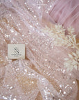 Mysteria - Ash Rose Crystal Clear Beads & Sequin on Soft Mesh, Pastel Pink Scattered Beads Embellished Fabric for Wedding Dress, Exclusive
