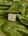 Amore - Asparagus Green Dense Glossy Satin Fabric, Non-Stretch Sturdy Material for Evening Wear, Men's Suits, Table Linens, Home Decor