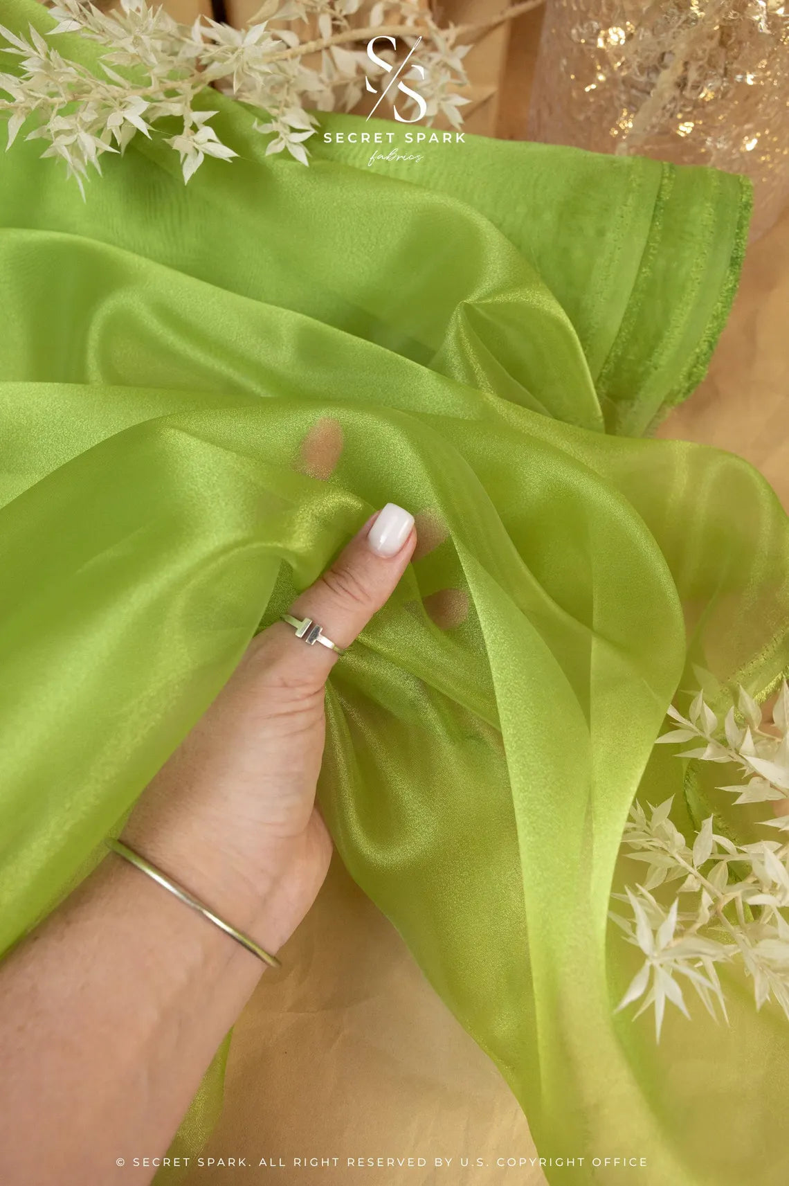 Glimmer Crystal Organza - Avocado Color Sparkle Crystal Sheer High Quality Material by the Yard, for Evening Gowns, Home Decor, Dance Costumes