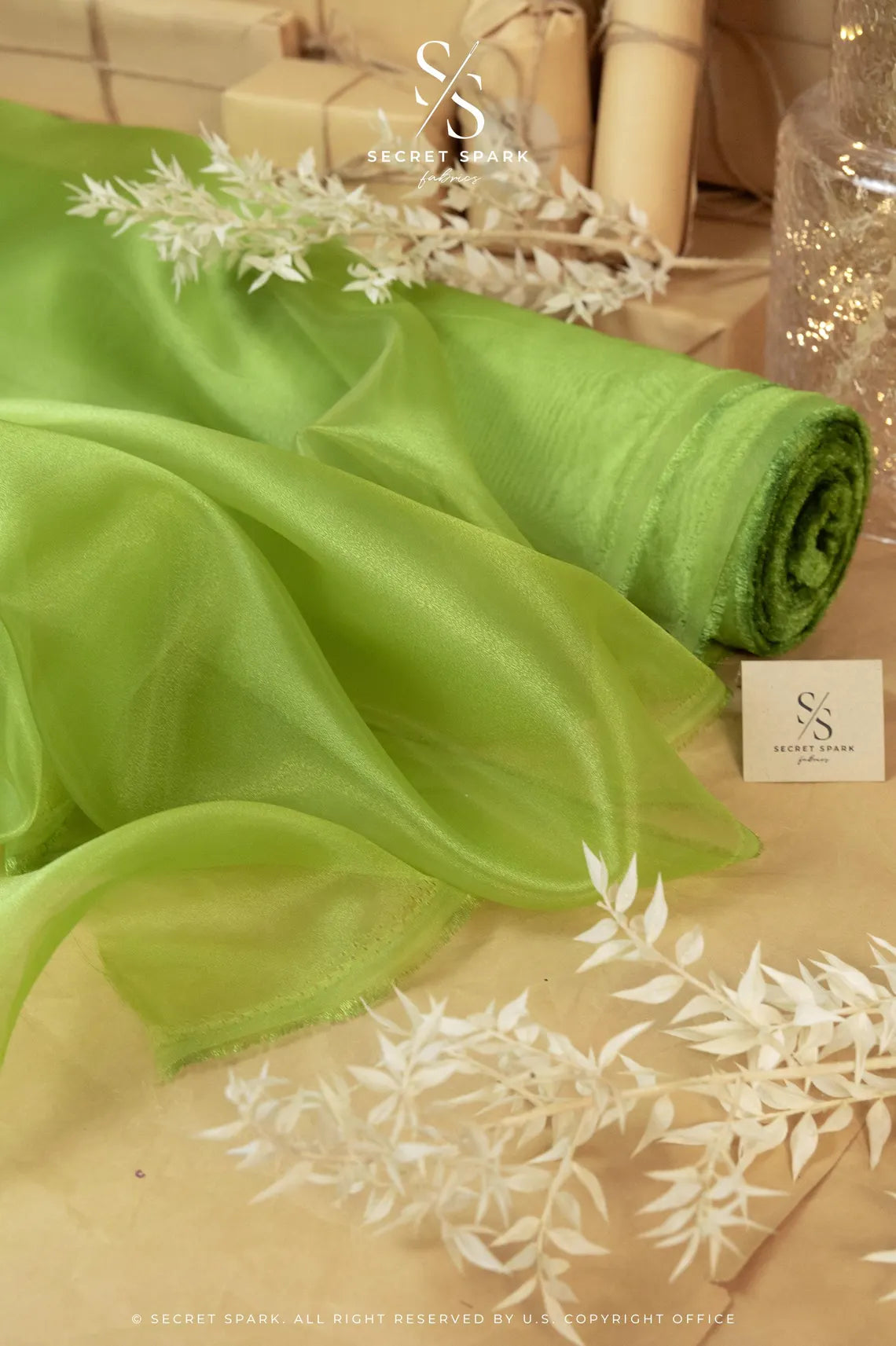 Glimmer Crystal Organza - Avocado Color Sparkle Crystal Sheer High Quality Material by the Yard, for Evening Gowns, Home Decor, Dance Costumes