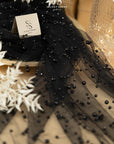 Ariel - Black High-End Pearl Tulle for Couture Gowns & Dramatic Designs, Premium Mesh with Delicately Arranged Pearls in Two Sizes by the Yard