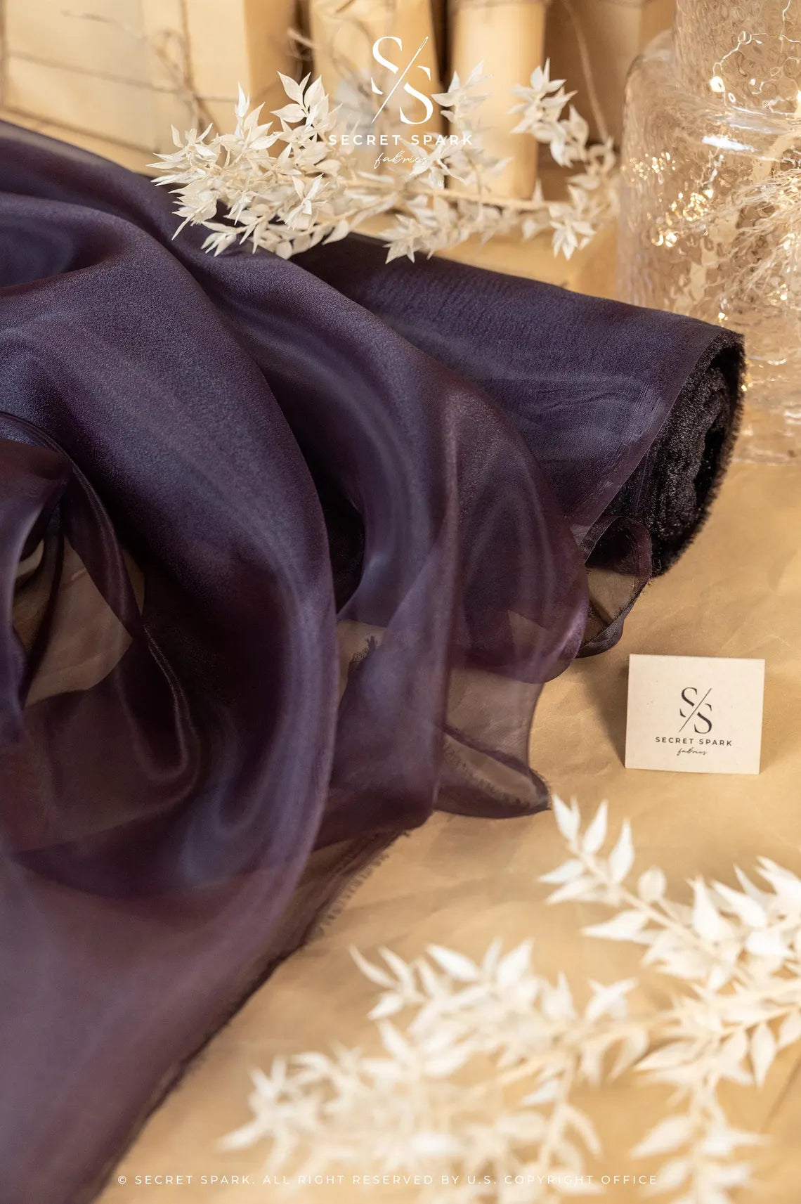 Glimmer Crystal Organza - Blackberry Color Sparkle Crystal Sheer High Quality Material by the Yard, for Evening Gowns, Party Decor, Dance Wear