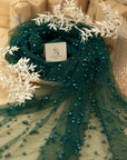 Ariel - Bottle Green Regular Extra Beaded Pearl Tulle for Couture Dresses, Stylish Accessories & Decor, Mesh with Pearls in Two Sizes