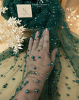 Ariel - Bottle Green Regular Extra Beaded Pearl Tulle for Couture Dresses, Stylish Accessories & Decor, Mesh with Pearls in Two Sizes