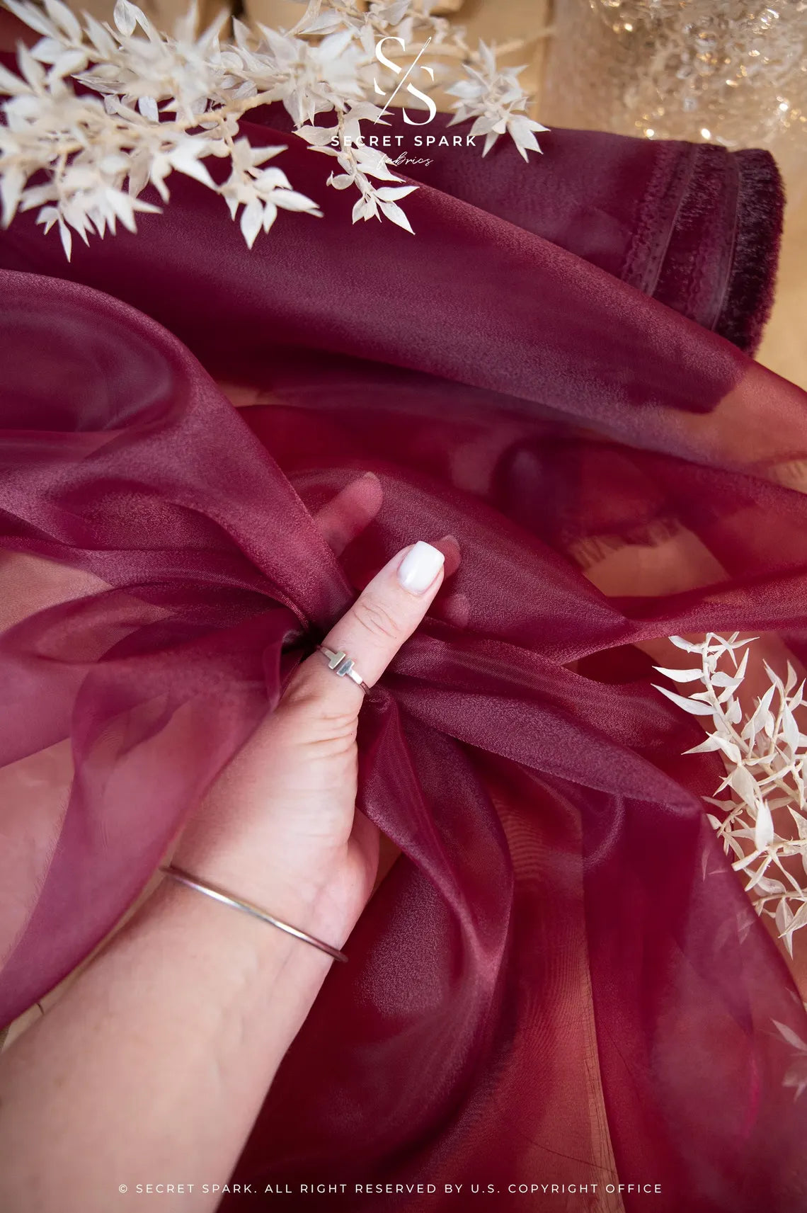 Glimmer Crystal Organza - Burgundy Color Sheer High-Quality Crystal Fabric by the Yard for Evening Gowns, Event Decor, Dance Costumes 59" wide