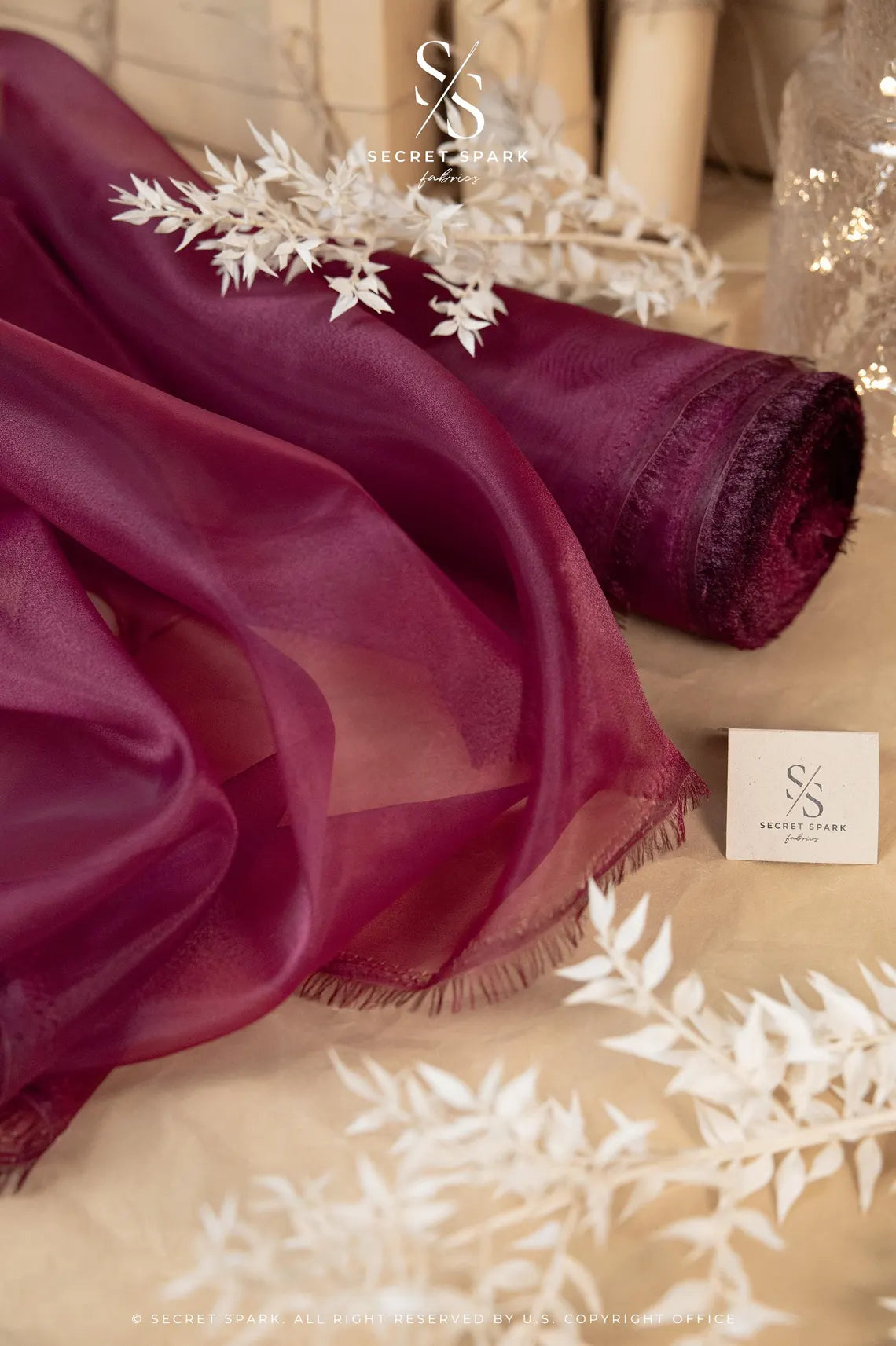 Glimmer Crystal Organza - Burgundy Color Sheer High-Quality Crystal Fabric by the Yard for Evening Gowns, Event Decor, Dance Costumes 59" wide