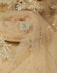 Ariel - Champagne High-End Pearl Tulle Fabric for Bridal Gowns & Veils, Premium Beaded Mesh with Refined Pearls in Two Sizes by the Yard