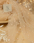 Ariel - Champagne High-End Pearl Tulle Fabric for Bridal Gowns & Veils, Premium Beaded Mesh with Refined Pearls in Two Sizes by the Yard