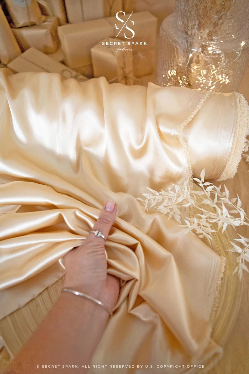 Iconic Silky Satin - Champagne Color Soft Silky Satin Fabric, Quality 1 Way Stretch Satin for Wedding, Slip Dresses, Ladies Clothing, Evening Wear