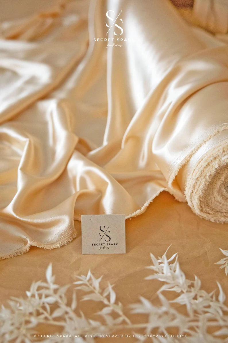 Iconic Silky Satin - Champagne Color Soft Silky Satin Fabric, Quality 1 Way Stretch Satin for Wedding, Slip Dresses, Ladies Clothing, Evening Wear