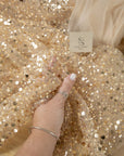 Starlight - Champagne Bridal Heavy Beaded & Sequin Mesh Fabric, Premium Material by the Yard with Pearl Details for Wedding Gowns & Evening Wear