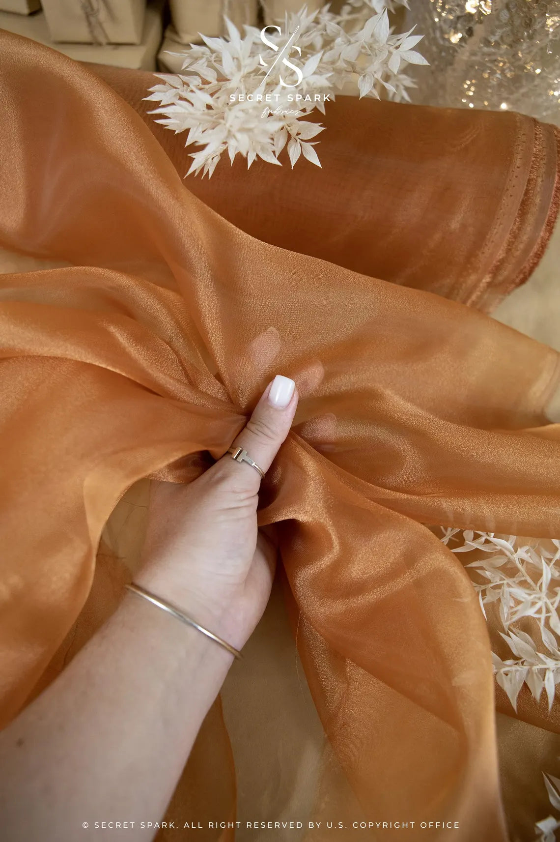 Glimmer Crystal Organza - Cinnamon Color Sheer High-Quality Crystal Fabric by the Yard for Dance Costumes, Event Decor, Table Runners