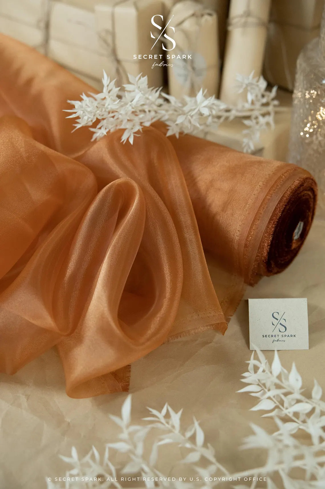 Glimmer Crystal Organza - Cinnamon Color Sheer High-Quality Crystal Fabric by the Yard for Dance Costumes, Event Decor, Table Runners