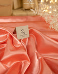 Amore - Coral Dense Glossy Satin Fabric, Vibrant Non-Stretch Shiny Material for Hair Bows, Sashes, Robes, and Decorative Pillows