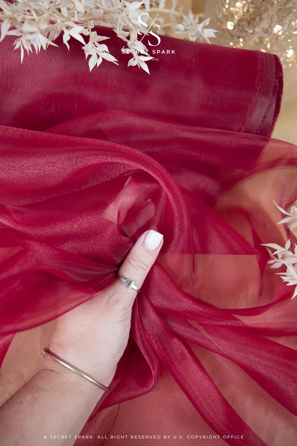 Glimmer Crystal Organza - Cranberry Color Sparkle Crystal Sheer Fabric by the Yard for Evening Gowns, Dance Costumes, Event Decor