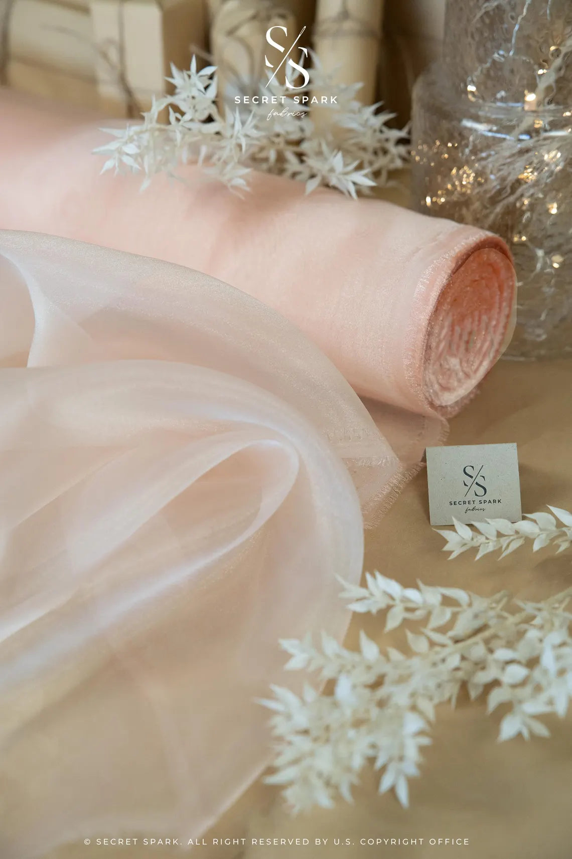 Glimmer Crystal Organza - Creamy Peach Color Solid Sheer Fabric by the Yard for Bridal Gowns, Event Decor, Baby Shower, Ballet Tutus