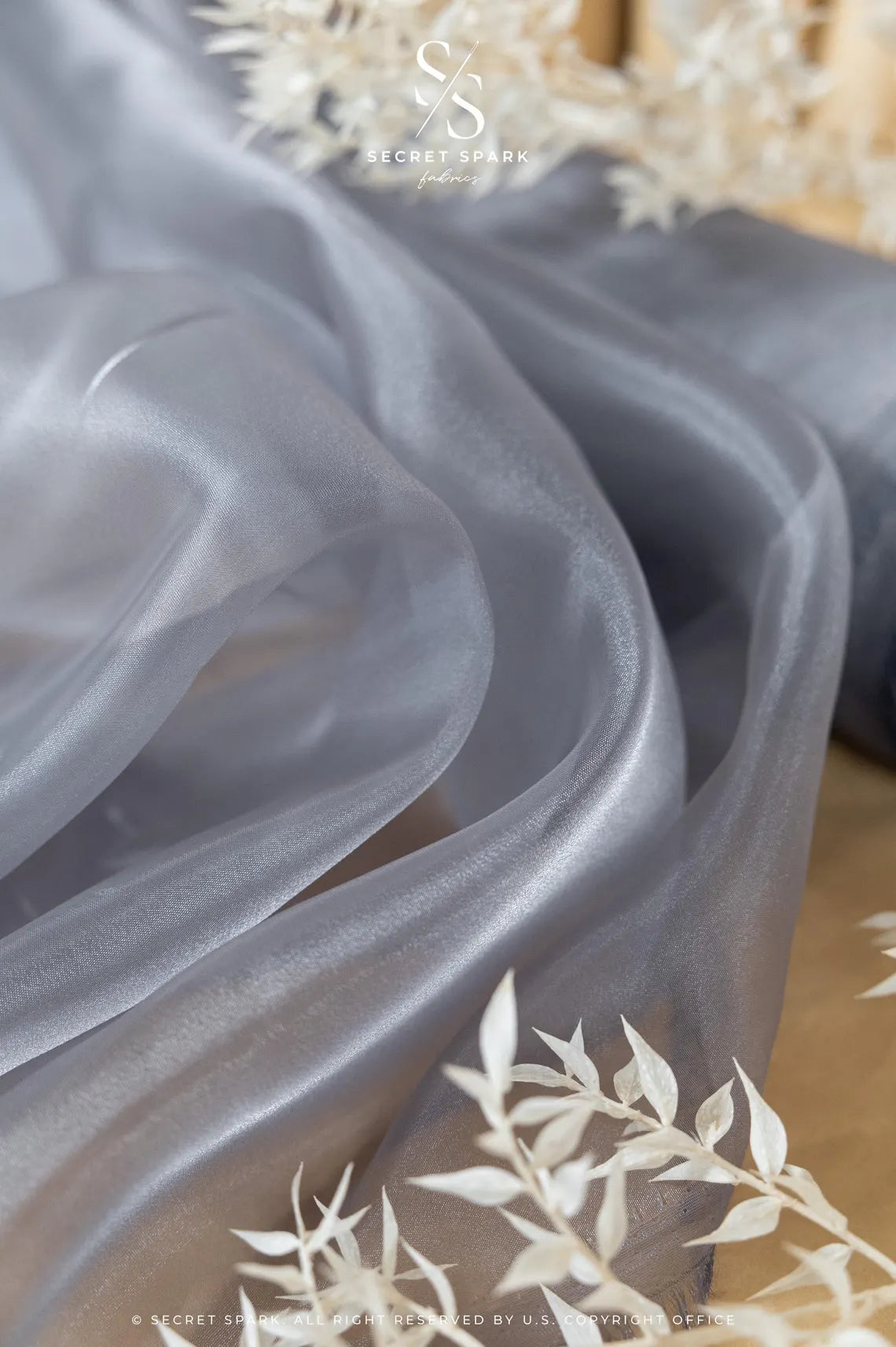 Glimmer Crystal Organza - Dark Gray Color Sheer Crystal Fabric by the Yard for Evening Gowns, Dance Costumes, Formal Wear 60" Wide