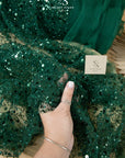 Starlight - Dark Green Heavy Beaded & Sequin Mesh Fabric, Premium Material by the Yard with Pearl Details for Evening Gowns & Special Events