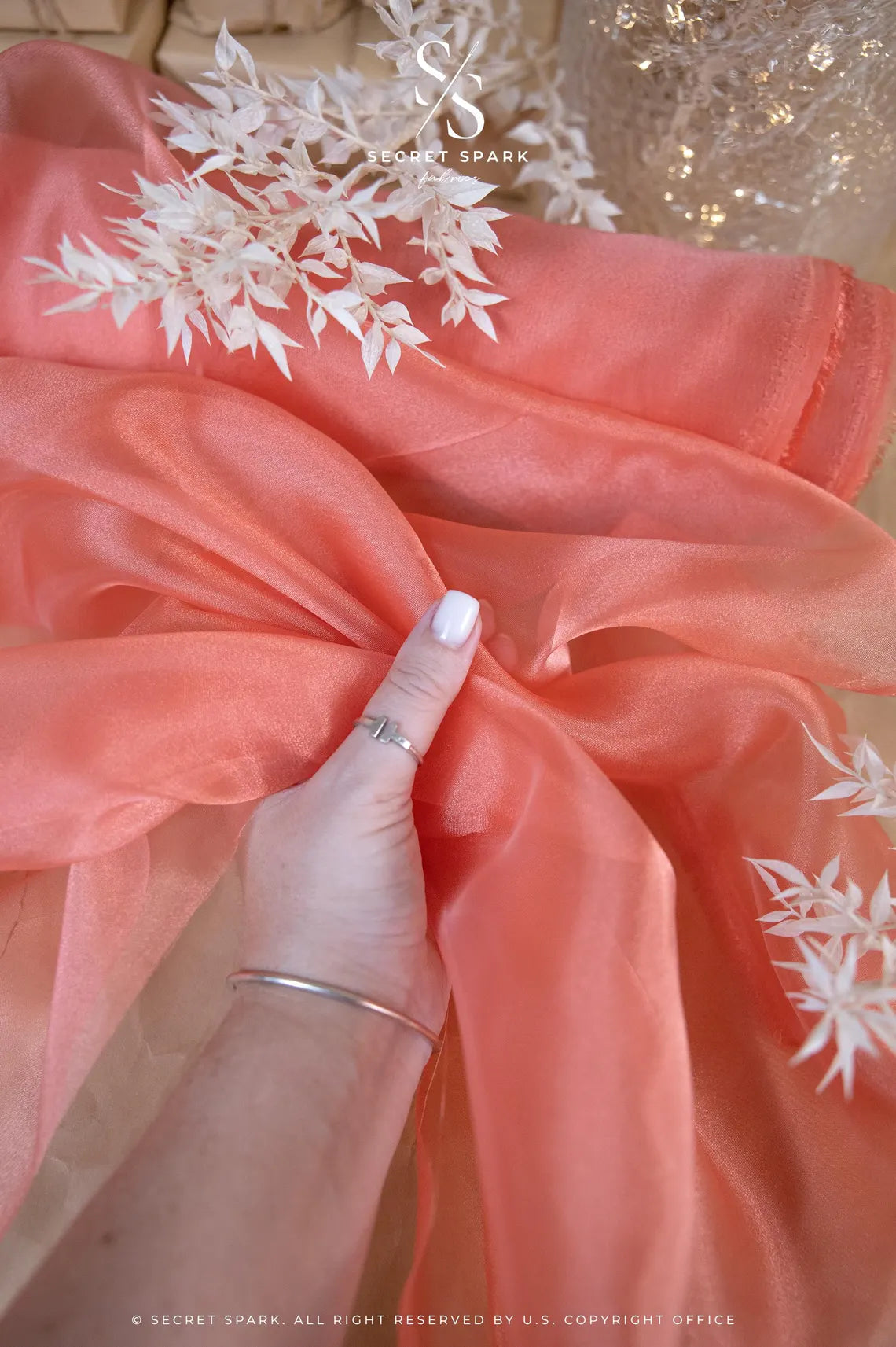 Glimmer Crystal Organza - Deep Coral Color Sheer Crystal Twinkle Fabric by the Yard for Summer Fashion, Dance Costumes, Event Decor