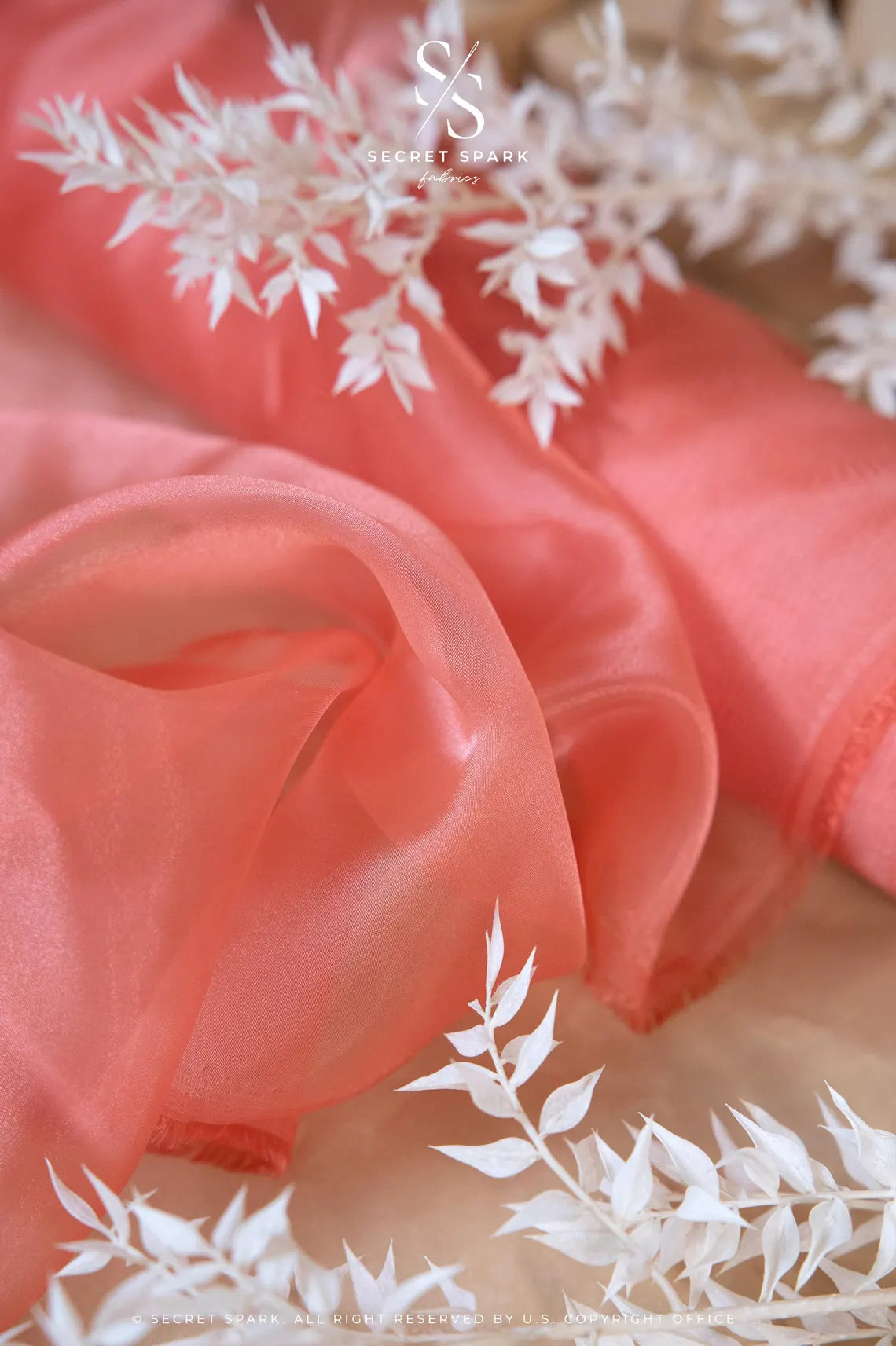 Glimmer Crystal Organza - Deep Coral Color Sheer Crystal Twinkle Fabric by the Yard for Summer Fashion, Dance Costumes, Event Decor