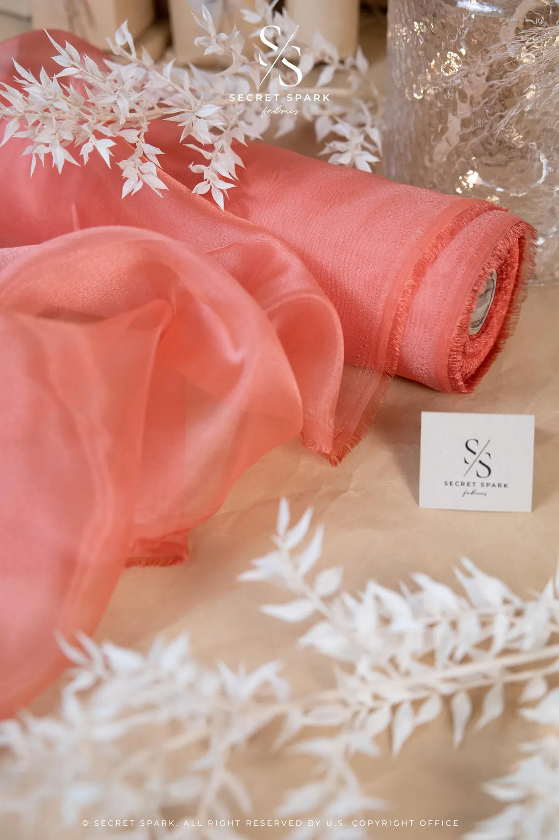 Glimmer Crystal Organza - Deep Coral Color Sheer Crystal Twinkle Fabric by the Yard for Summer Fashion, Dance Costumes, Event Decor