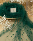 Ariel - Emerald High-End Pearl Tulle Fabric for Evening Gowns & Couture Designs, Premium Beaded Mesh with Refined Pearls in Two Sizes by the Yard