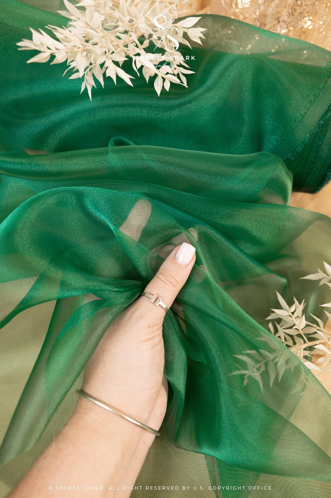 Glimmer Crystal Organza - Forest Green Color Sheer High-Quality Crystal Fabric by the Yard, See Through Shiny Fabric for Gowns, Party Decor