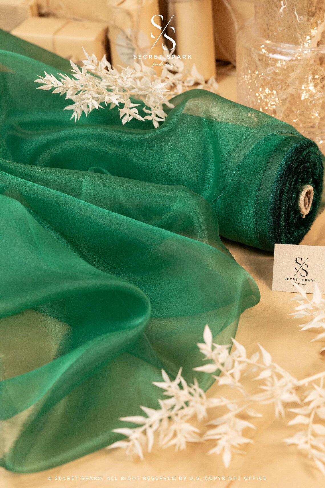 Glimmer Crystal Organza - Forest Green Color Sheer High-Quality Crystal Fabric by the Yard, See Through Shiny Fabric for Gowns, Party Decor