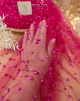 Ariel - Fuchsia Regular Extra Beaded Pearl Tulle for Couture Dresses, Gowns & Accessories, Bright Pink Bold Mesh with Pearls in Two Sizes