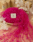 Ariel - Fuchsia Regular Extra Beaded Pearl Tulle for Couture Dresses, Gowns & Accessories, Bright Pink Bold Mesh with Pearls in Two Sizes
