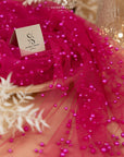 Ariel - Fuchsia Regular Extra Beaded Pearl Tulle for Couture Dresses, Gowns & Accessories, Bright Pink Bold Mesh with Pearls in Two Sizes