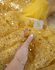 Starlight - Gold Sparkle Premium Heavy Beaded & Sequined Mesh, Designer Quality Material by the Yard with Crystal Beads for Evening Gowns, Events
