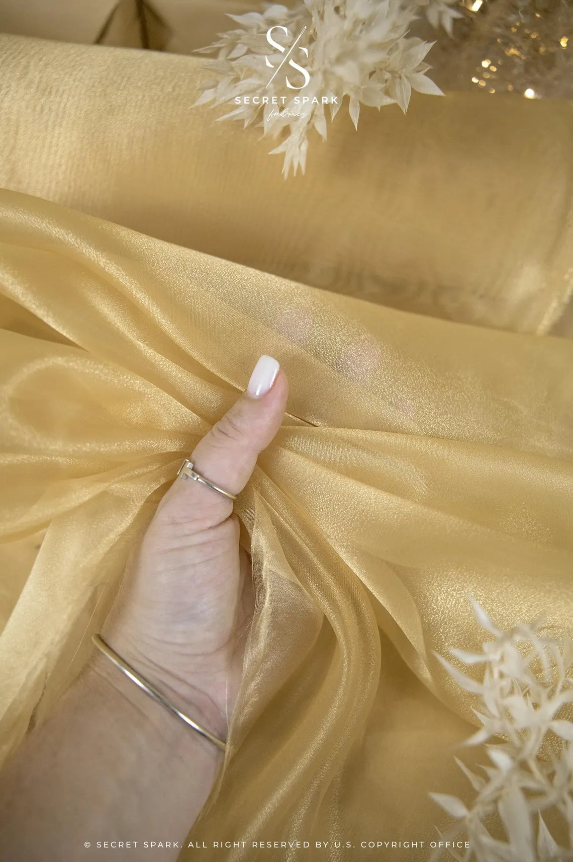 Glimmer Crystal Organza - Golden Color Premium Crystal Sheer Fabric by the Yard for Evening Gowns, Event Decor, Dance Costumes