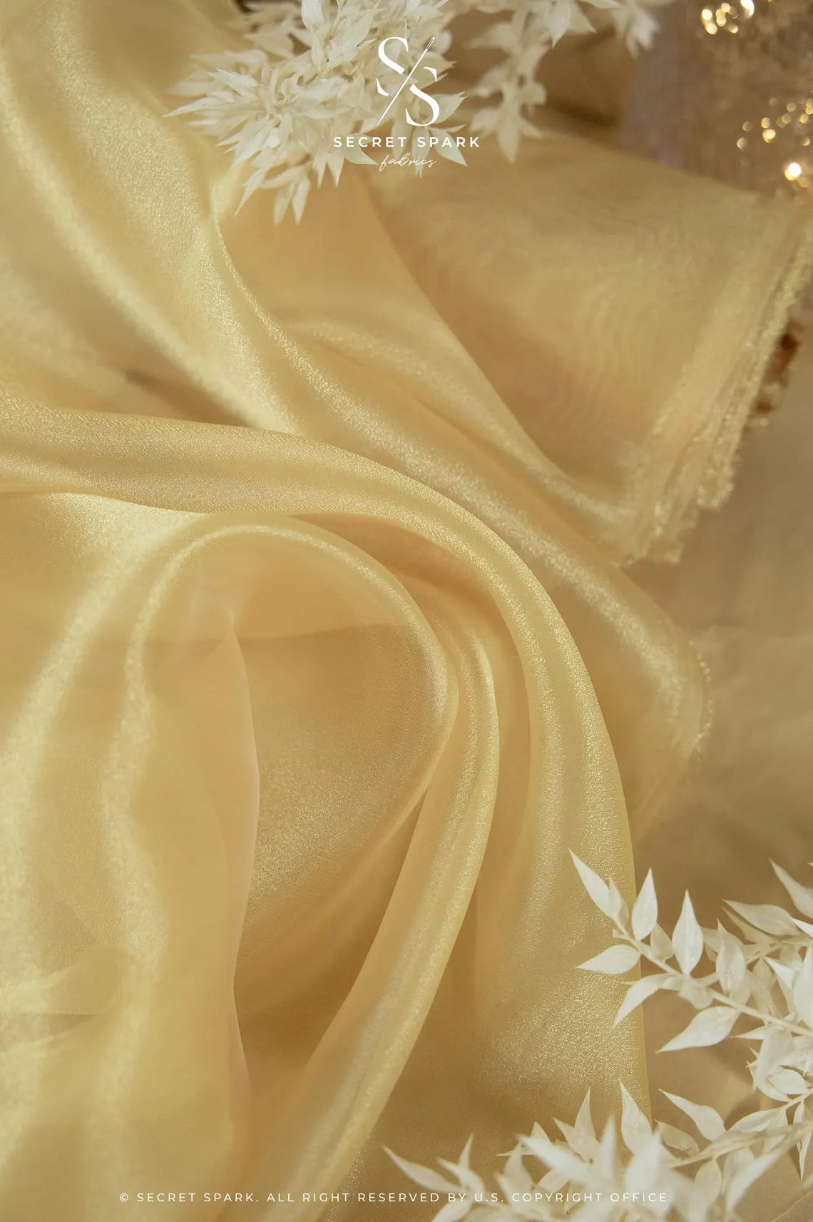 Glimmer Crystal Organza - Golden Color Premium Crystal Sheer Fabric by the Yard for Evening Gowns, Event Decor, Dance Costumes