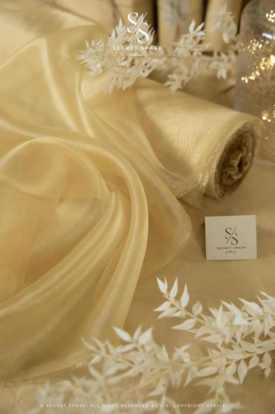 Glimmer Crystal Organza - Golden Color Premium Crystal Sheer Fabric by the Yard for Evening Gowns, Event Decor, Dance Costumes