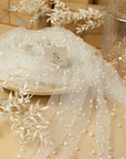 Ariel - Ivory High-End Pearl Tulle Fabric for Veils, Dresses, Couture Designs, Soft Heavy Beaded Mesh with Mixed Pearl Sizes