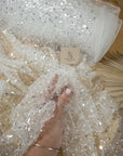 Starlight - Ivory Wedding Crystal Clear Heavy Beads & Sequins, Premium Bridal Mesh Material by the Yard with Pearls for Wedding Gowns, Events
