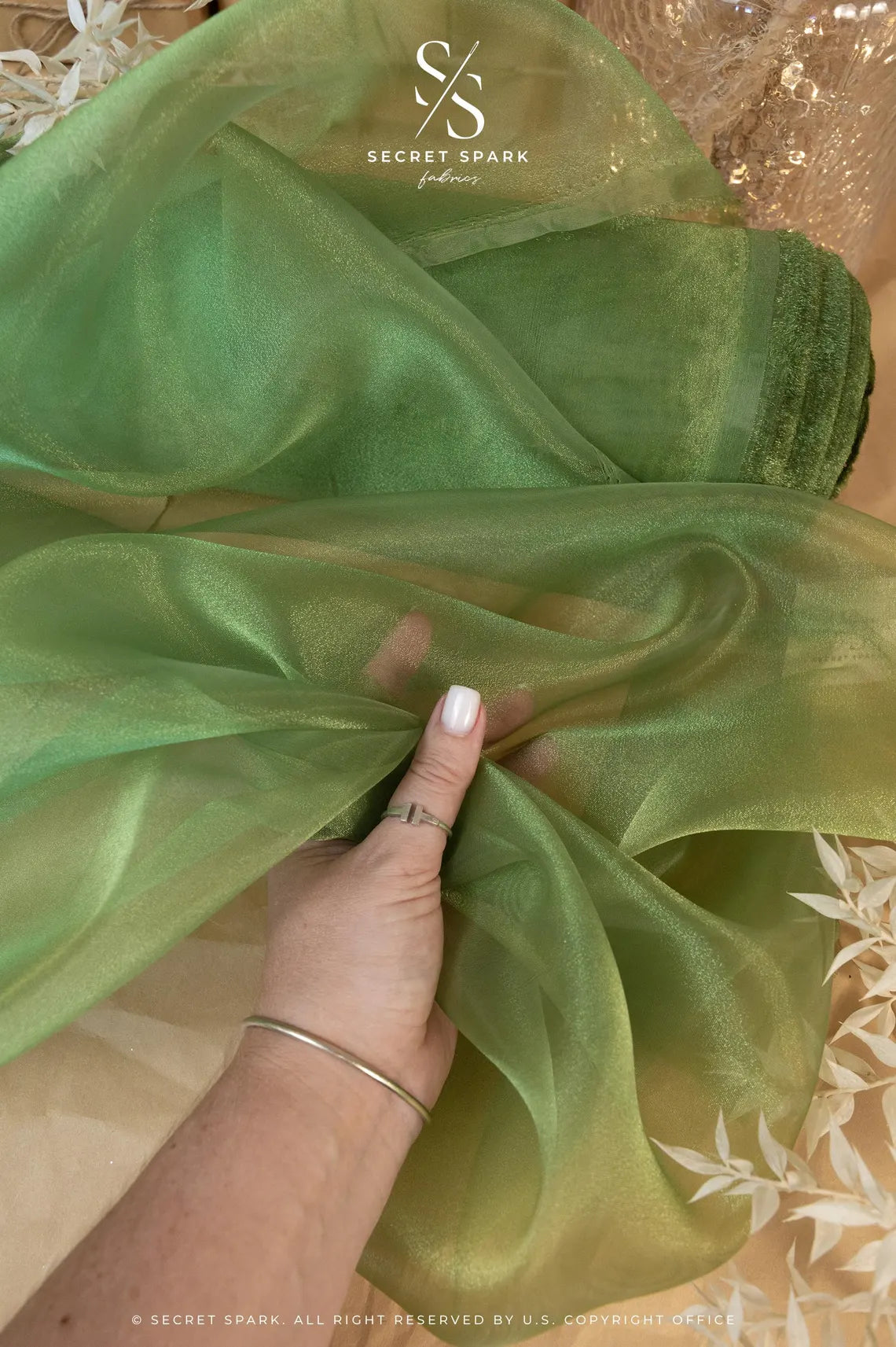 Glimmer Crystal Organza - Leaf Green Color High-Quality Crystal Fabric by the Yard for Wedding Gowns, Event Decor, Sashes DIY