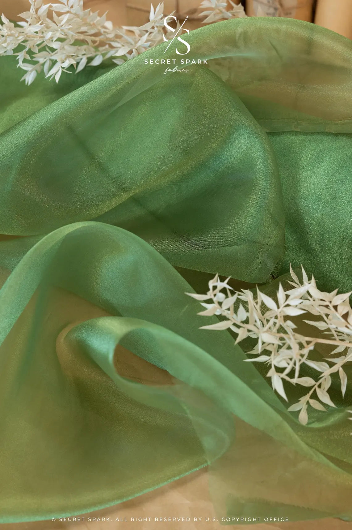 Glimmer Crystal Organza - Leaf Green Color High-Quality Crystal Fabric by the Yard for Wedding Gowns, Event Decor, Sashes DIY