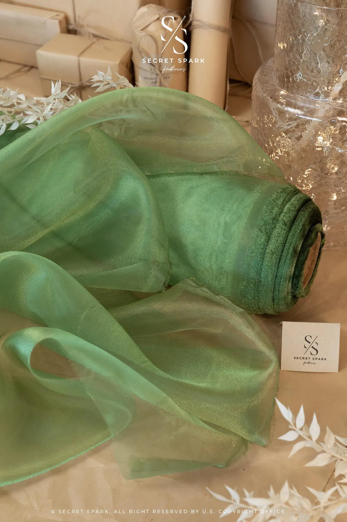 Glimmer Crystal Organza - Leaf Green Color High-Quality Crystal Fabric by the Yard for Wedding Gowns, Event Decor, Sashes DIY
