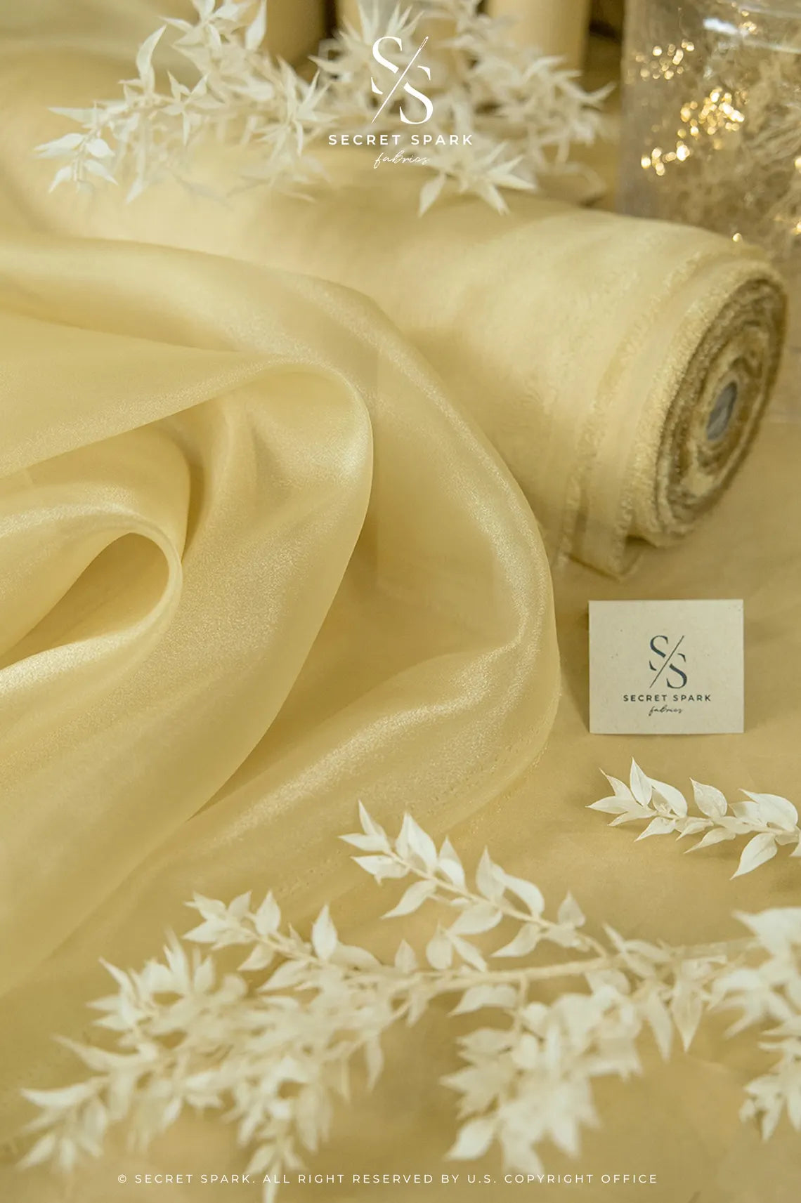 Glimmer Crystal Organza - Light Gold Color Premium Crystal Sheer Fabric by the Yard for Wedding Gown, Event Decor, Chair Sashes