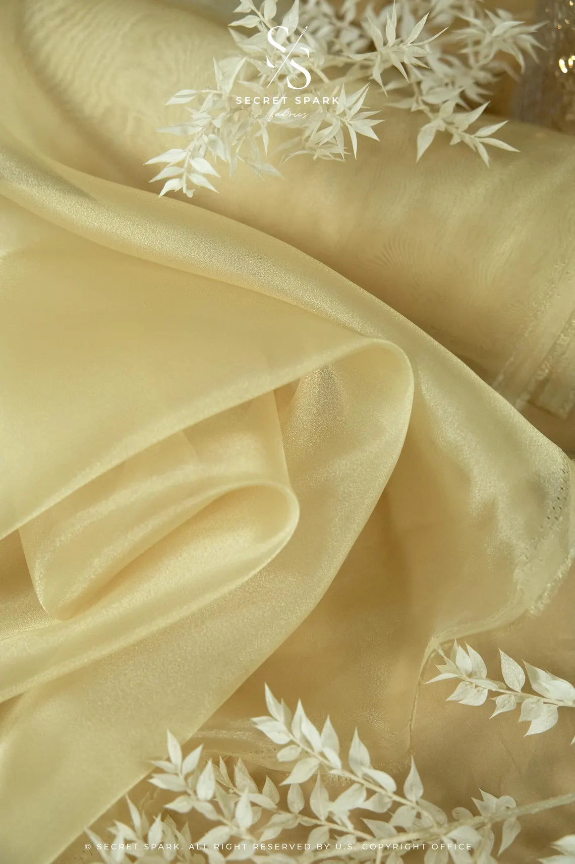 Glimmer Crystal Organza - Light Gold Color Premium Crystal Sheer Fabric by the Yard for Wedding Gown, Event Decor, Chair Sashes