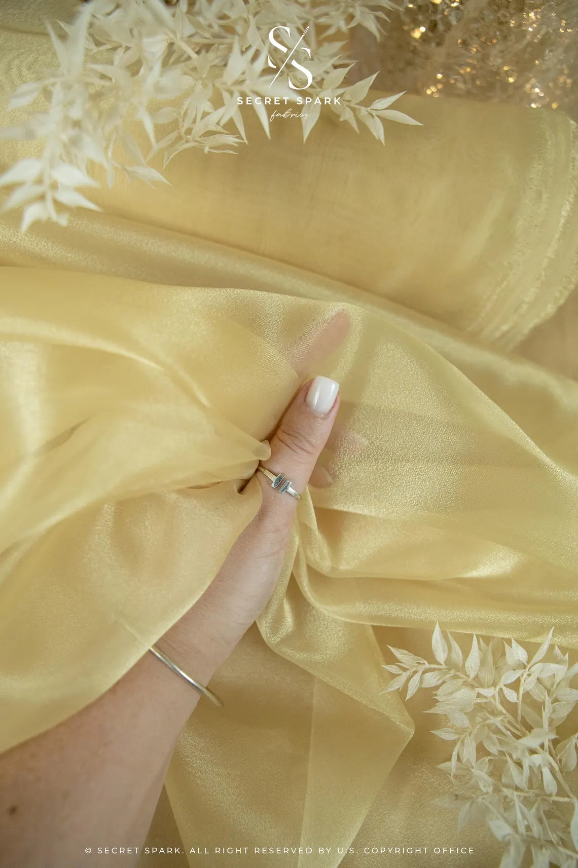 Glimmer Crystal Organza - Light Gold Color Premium Crystal Sheer Fabric by the Yard for Wedding Gown, Event Decor, Chair Sashes